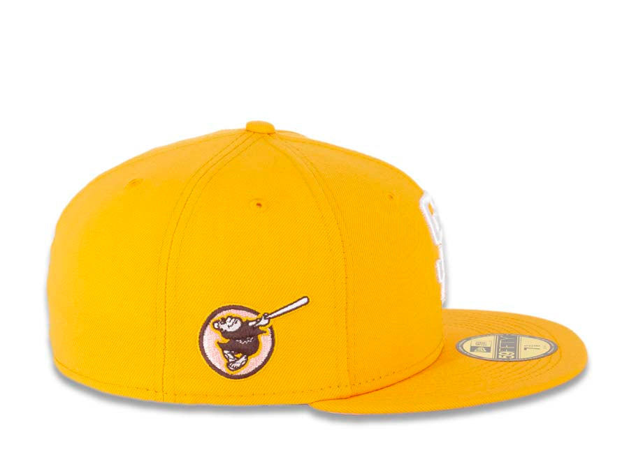 San Diego Padres New Era MLB 59FIFTY 5950 Fitted Cap Hat A Gold Crown/Visor White Logo With Palm Tree 1998 World Series Side Patch Pink UV
