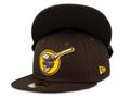 San Diego Padres New Era MLB 59Fifty 5950 Fitted Cap Hat Dark Brown Crown Dark Brown/White/Yellow Friar with Circle Logo Black UV