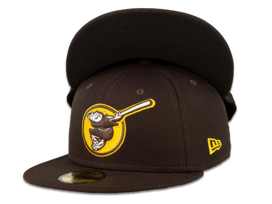 San Diego Padres New Era MLB 59Fifty 5950 Fitted Cap Hat Dark Brown Crown Dark Brown/White/Yellow Friar with Circle Logo Black UV