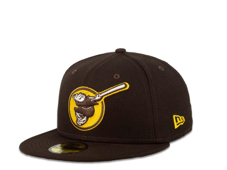 San Diego Padres New Era MLB 59Fifty 5950 Fitted Cap Hat Dark Brown Crown Dark Brown/White/Yellow Friar with Circle Logo Black UV