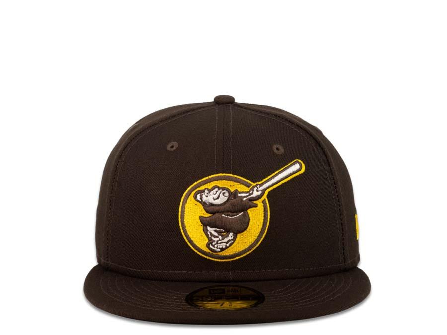 San Diego Padres New Era MLB 59Fifty 5950 Fitted Cap Hat Dark Brown Crown Dark Brown/White/Yellow Friar with Circle Logo Black UV