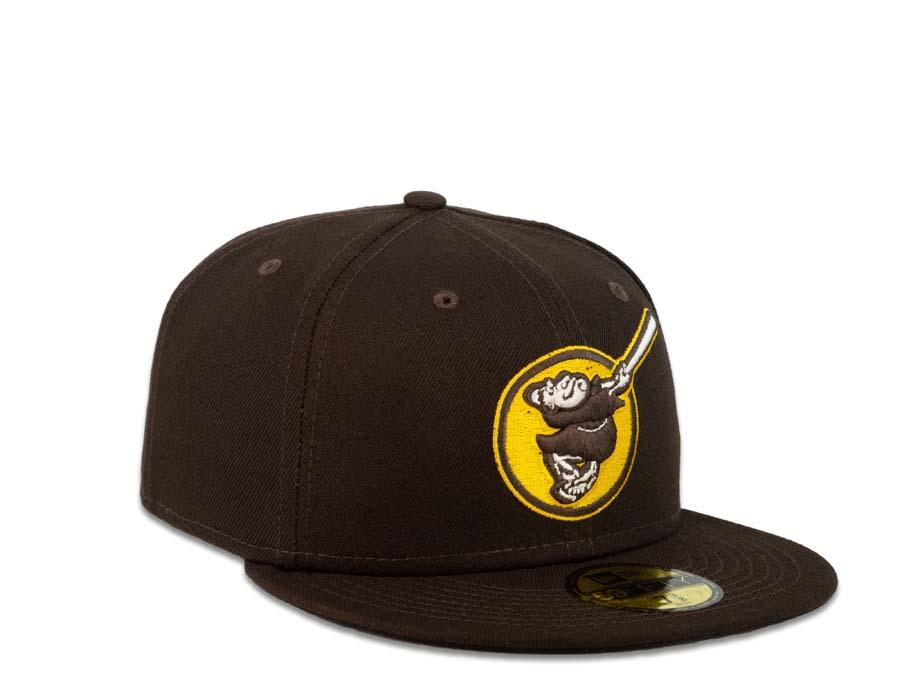 San Diego Padres New Era MLB 59Fifty 5950 Fitted Cap Hat Dark Brown Crown Dark Brown/White/Yellow Friar with Circle Logo Black UV