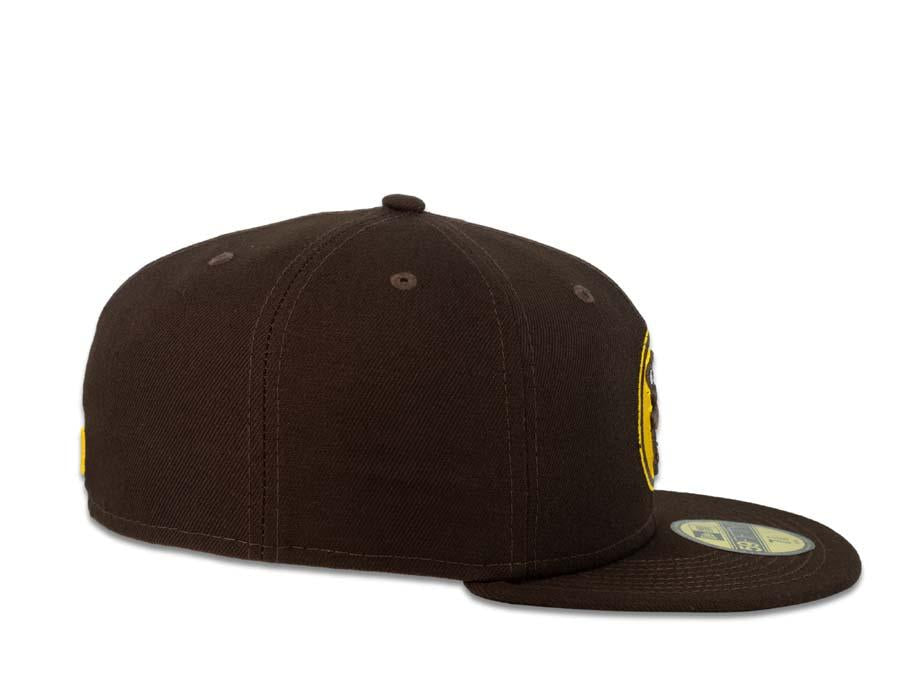 San Diego Padres New Era MLB 59Fifty 5950 Fitted Cap Hat Dark Brown Crown Dark Brown/White/Yellow Friar with Circle Logo Black UV