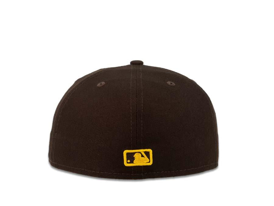 San Diego Padres New Era MLB 59Fifty 5950 Fitted Cap Hat Dark Brown Crown Dark Brown/White/Yellow Friar with Circle Logo Black UV