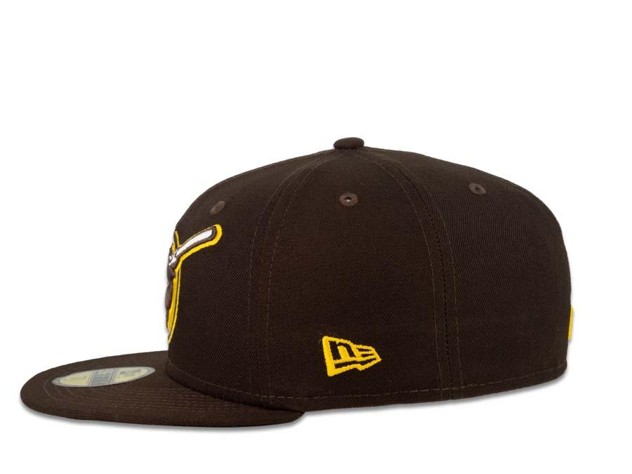 San Diego Padres New Era MLB 59Fifty 5950 Fitted Cap Hat Dark Brown Crown Dark Brown/White/Yellow Friar with Circle Logo Black UV