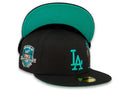 Los Angeles Dodgers New Era MLB 59Fifty 5950 Fitted Cap Hat Black Crown Teal Logo with Palm Tree 50th Anniversary Side Patch Teal UV