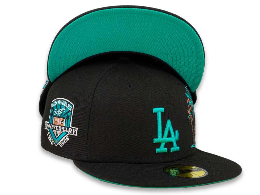 Los Angeles Dodgers New Era MLB 59Fifty 5950 Fitted Cap Hat Black Crown Teal Logo with Palm Tree 50th Anniversary Side Patch Teal UV
