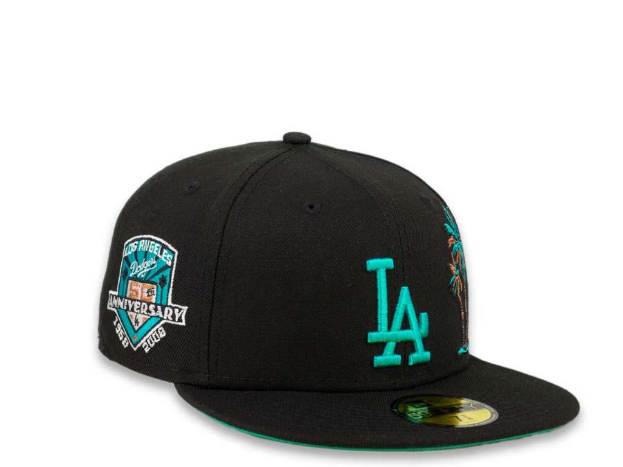 Los Angeles Dodgers New Era MLB 59Fifty 5950 Fitted Cap Hat Black Crown Teal Logo with Palm Tree 50th Anniversary Side Patch Teal UV