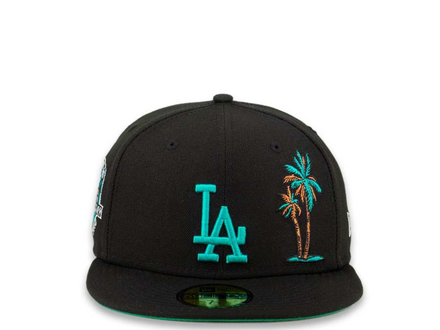 Los Angeles Dodgers New Era MLB 59Fifty 5950 Fitted Cap Hat Black Crown Teal Logo with Palm Tree 50th Anniversary Side Patch Teal UV