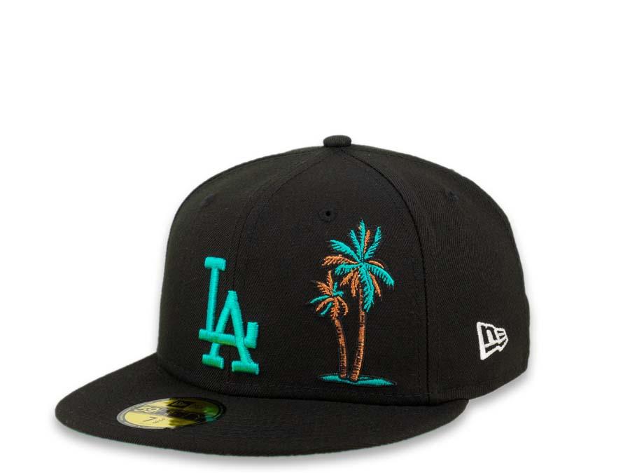 Los Angeles Dodgers New Era MLB 59Fifty 5950 Fitted Cap Hat Black Crown Teal Logo with Palm Tree 50th Anniversary Side Patch Teal UV