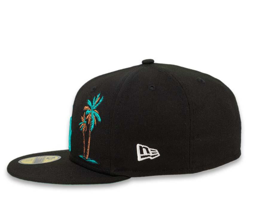 Los Angeles Dodgers New Era MLB 59Fifty 5950 Fitted Cap Hat Black Crown Teal Logo with Palm Tree 50th Anniversary Side Patch Teal UV