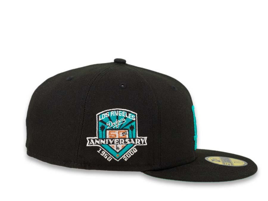 Los Angeles Dodgers New Era MLB 59Fifty 5950 Fitted Cap Hat Black Crown Teal Logo with Palm Tree 50th Anniversary Side Patch Teal UV