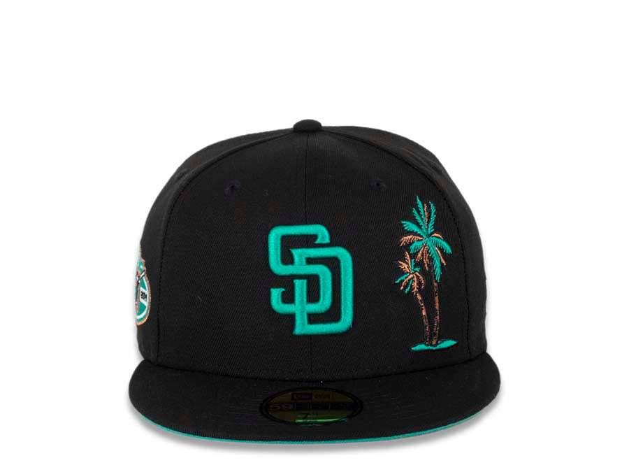 San Diego Padres New Era MLB 59FIFTY 5950 Fitted Cap Hat Black Crown/Visor Teal Logo with Palm Tree 50th Anniversary Side Patch Teal UV
