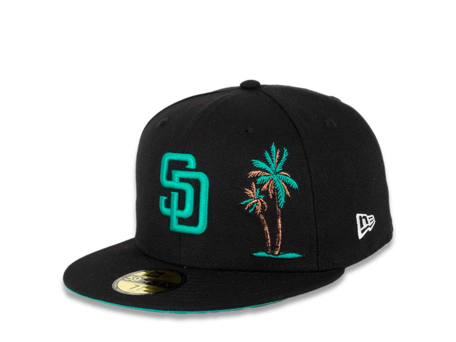 San Diego Padres New Era MLB 59FIFTY 5950 Fitted Cap Hat Black Crown/Visor Teal Logo with Palm Tree 50th Anniversary Side Patch Teal UV