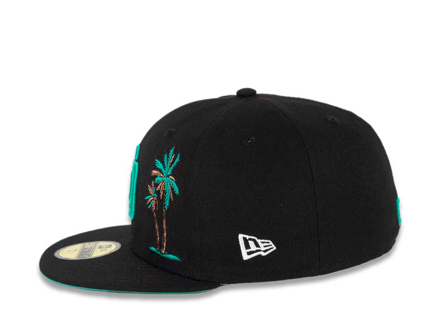San Diego Padres New Era MLB 59FIFTY 5950 Fitted Cap Hat Black Crown/Visor Teal Logo with Palm Tree 50th Anniversary Side Patch Teal UV