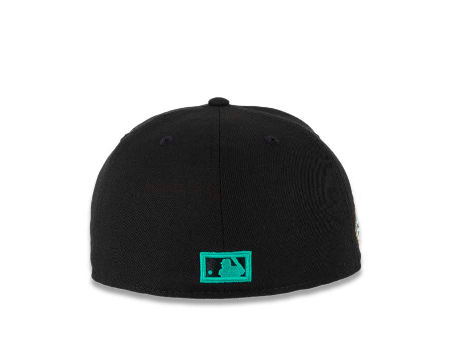 San Diego Padres New Era MLB 59FIFTY 5950 Fitted Cap Hat Black Crown/Visor Teal Logo with Palm Tree 50th Anniversary Side Patch Teal UV