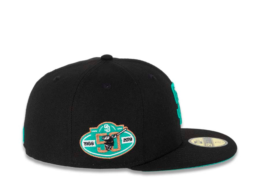 San Diego Padres New Era MLB 59FIFTY 5950 Fitted Cap Hat Black Crown/Visor Teal Logo with Palm Tree 50th Anniversary Side Patch Teal UV
