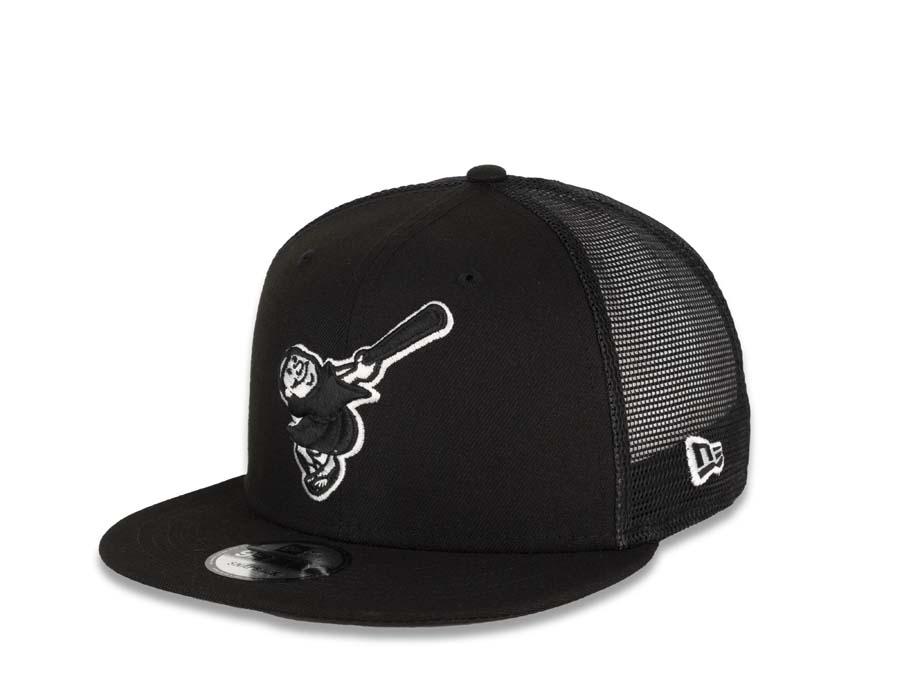San Diego Padres New Era MLB 9FIFTY 950 Mesh Trucker Snapback Cap Hat Black Crown/Visor Black/White "Swinging Friar" Logo