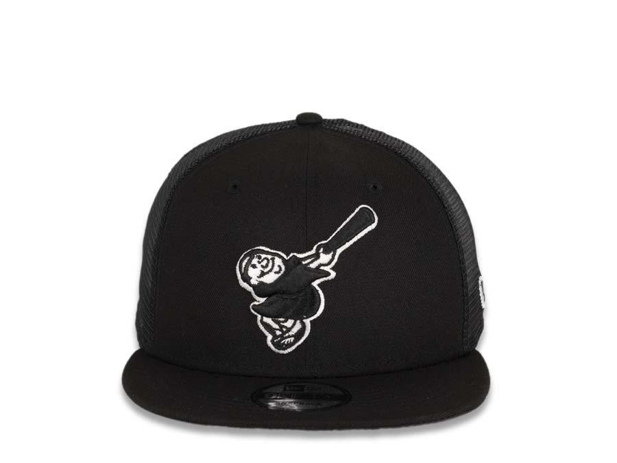 San Diego Padres New Era MLB 9FIFTY 950 Mesh Trucker Snapback Cap Hat Black Crown/Visor Black/White "Swinging Friar" Logo
