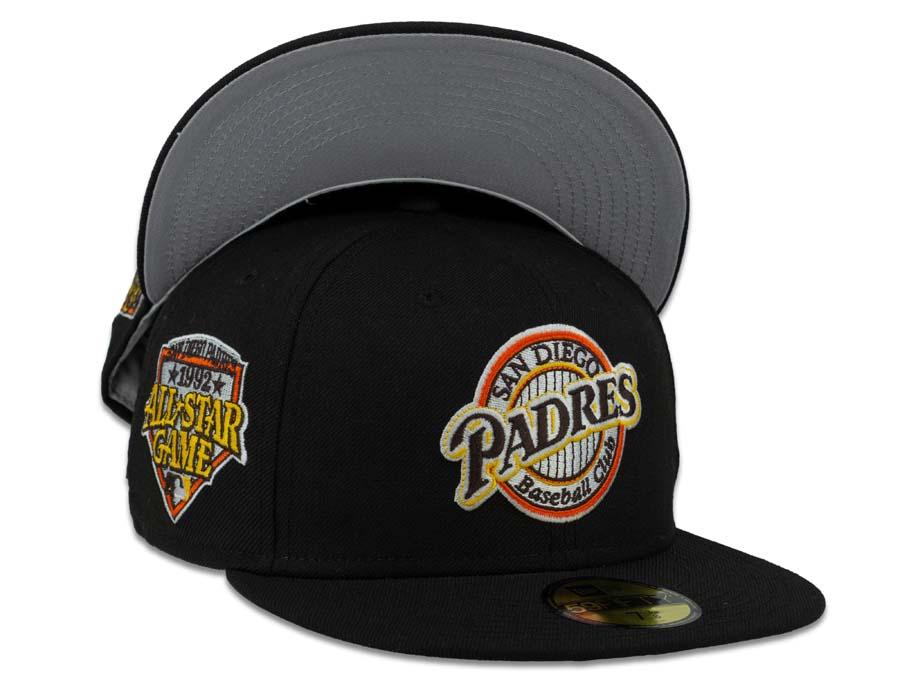 San Diego Padres New Era MLB 59Fifty 5950 Fitted Cap Hat Black Crown Yellow/Orange Baseball Club Logo 1992 All-Star Game Side Patch Gray UV