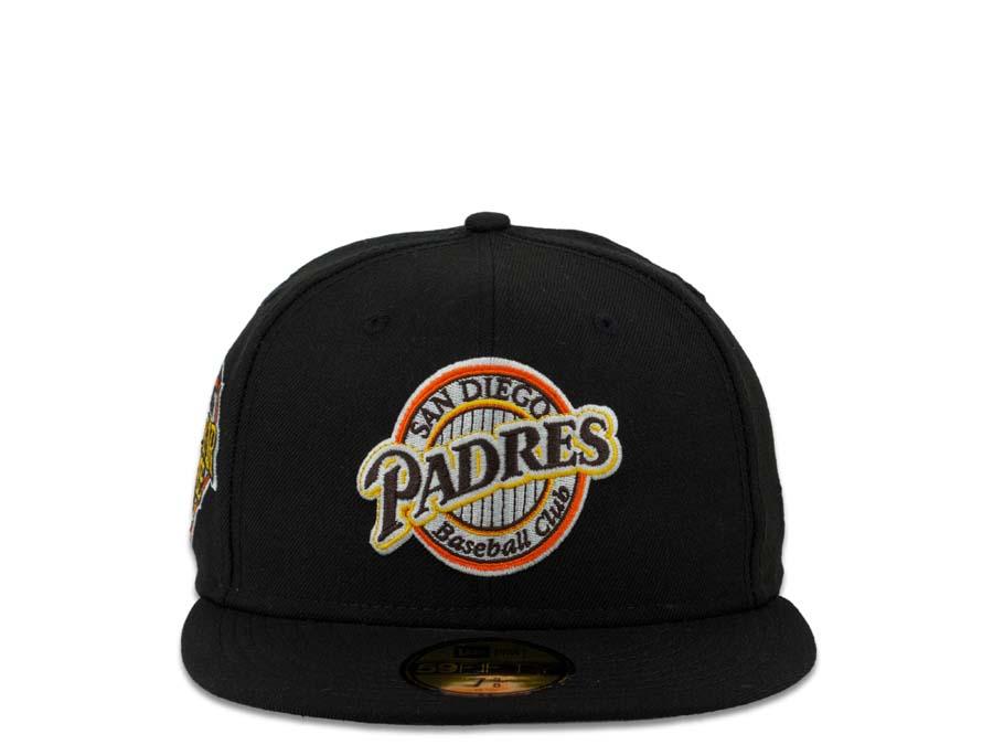 San Diego Padres New Era MLB 59Fifty 5950 Fitted Cap Hat Black Crown Yellow/Orange Baseball Club Logo 1992 All-Star Game Side Patch Gray UV