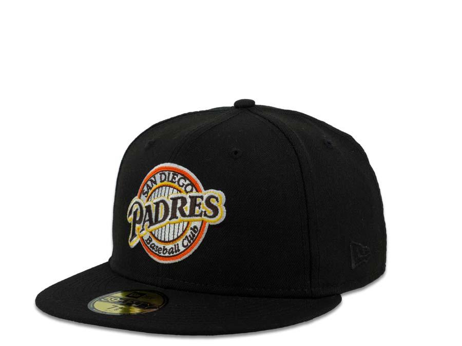 San Diego Padres New Era MLB 59Fifty 5950 Fitted Cap Hat Black Crown Yellow/Orange Baseball Club Logo 1992 All-Star Game Side Patch Gray UV