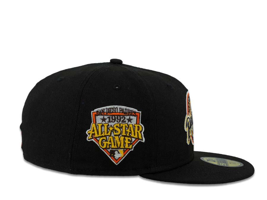 San Diego Padres New Era MLB 59Fifty 5950 Fitted Cap Hat Black Crown Yellow/Orange Baseball Club Logo 1992 All-Star Game Side Patch Gray UV