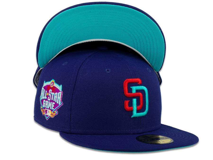 San Diego Padres New Era MLB 59Fifty 5950 Fitted Cap Hat Dark Royal Crown Flame Red/Blue Logo 2016 All-Star Game Side Patch Blue UV
