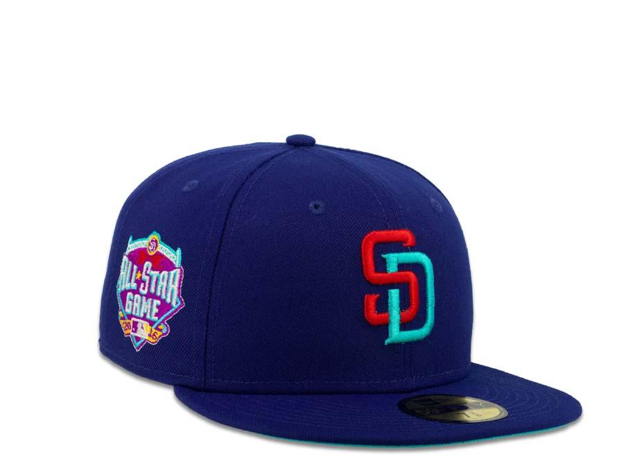 San Diego Padres New Era MLB 59Fifty 5950 Fitted Cap Hat Dark Royal Crown Flame Red/Blue Logo 2016 All-Star Game Side Patch Blue UV