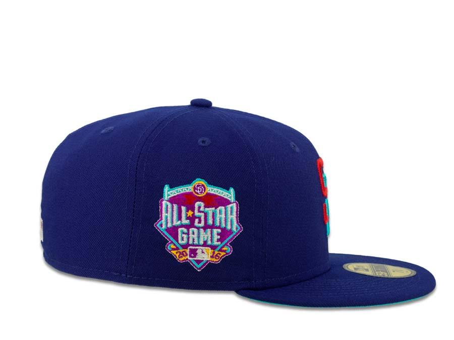 San Diego Padres New Era MLB 59Fifty 5950 Fitted Cap Hat Dark Royal Crown Flame Red/Blue Logo 2016 All-Star Game Side Patch Blue UV