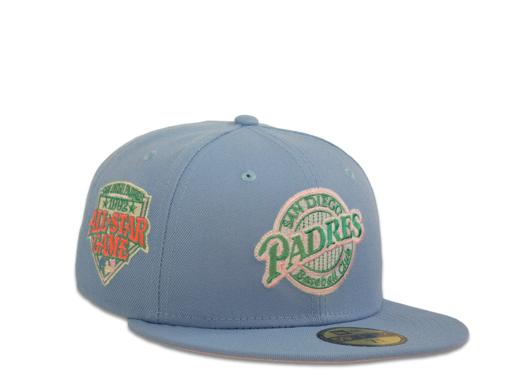 San Diego Padres New Era MLB 59Fifty 5950 Fitted Cap Hat Sky Blue Crown Pink/Aqua Baseball Club Retro Logo 1992 All-Star Game Side Patch