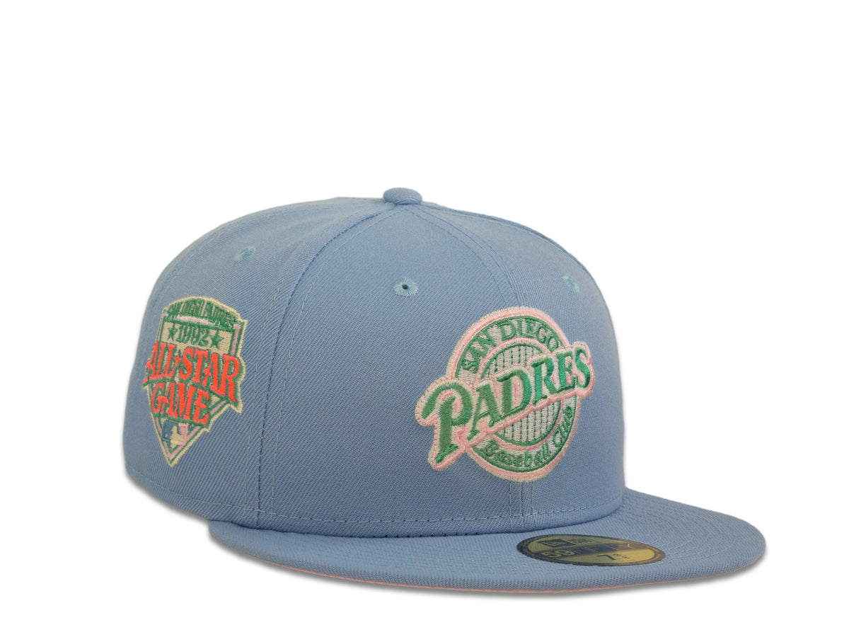 San Diego Padres New Era MLB 59Fifty 5950 Fitted Cap Hat Sky Blue Crown Pink/Aqua Baseball Club Retro Logo 1992 All-Star Game Side Patch