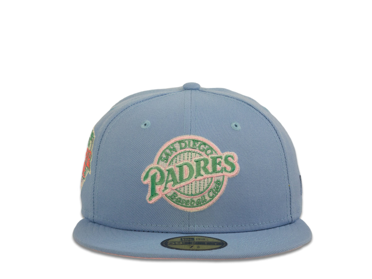 San Diego Padres New Era MLB 59Fifty 5950 Fitted Cap Hat Sky Blue Crown Pink/Aqua Baseball Club Retro Logo 1992 All-Star Game Side Patch