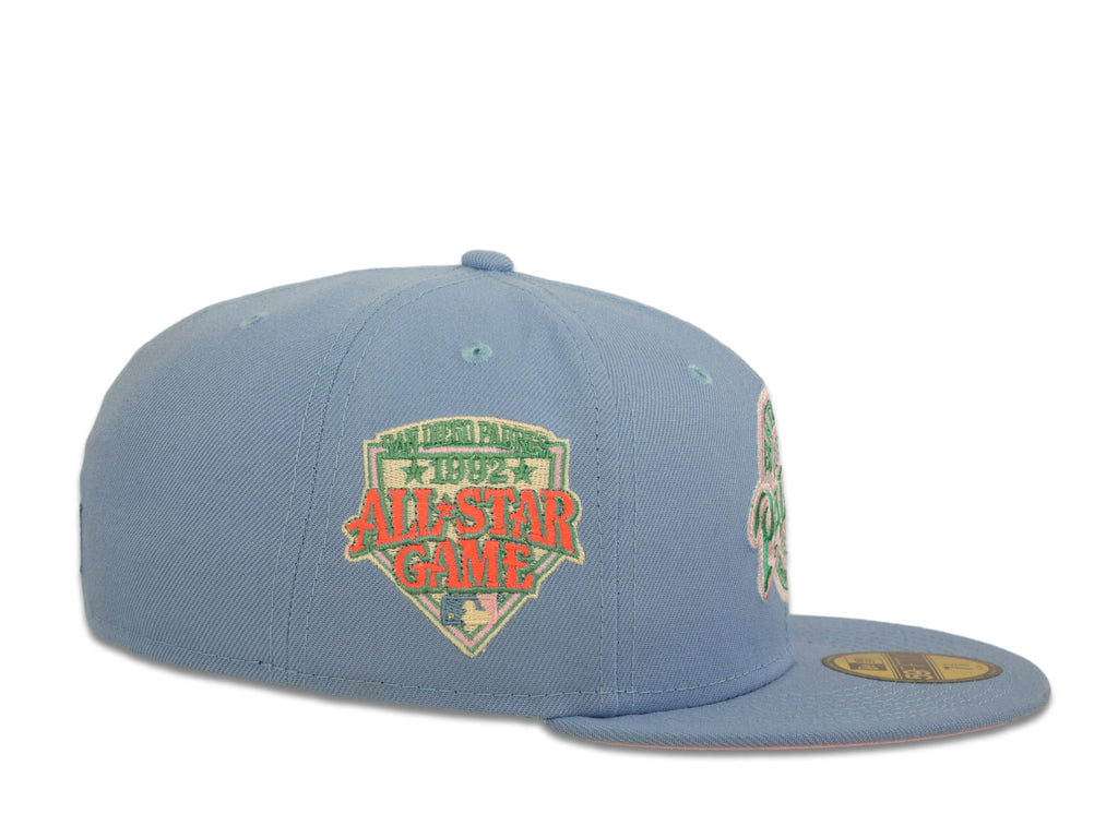 San Diego Padres New Era MLB 59Fifty 5950 Fitted Cap Hat Sky Blue Crown Pink/Aqua Baseball Club Retro Logo 1992 All-Star Game Side Patch