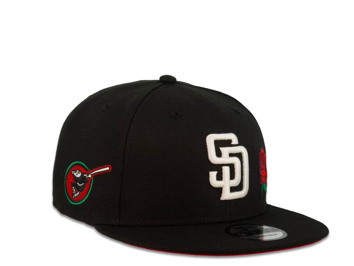 San Diego Padres New Era MLB 9Fifty 950 Snapback Cap Hat Black Crown White Logo with Rose Friar Side Patch Red UV
