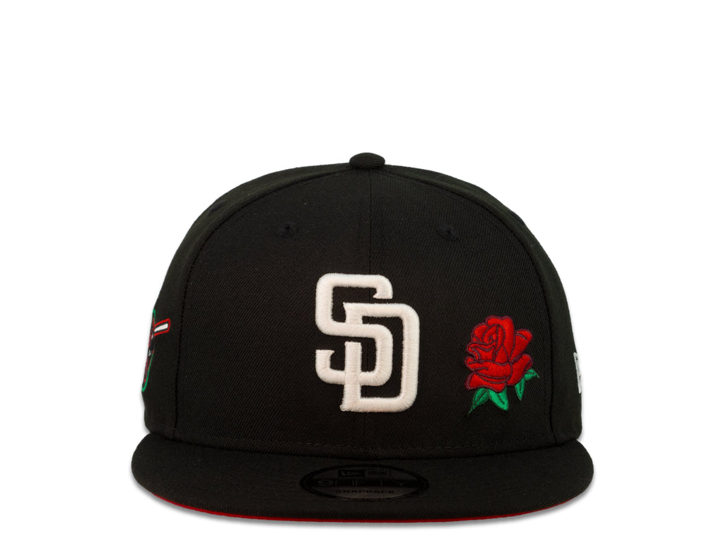 San Diego Padres New Era MLB 9Fifty 950 Snapback Cap Hat Black Crown White Logo with Rose Friar Side Patch Red UV