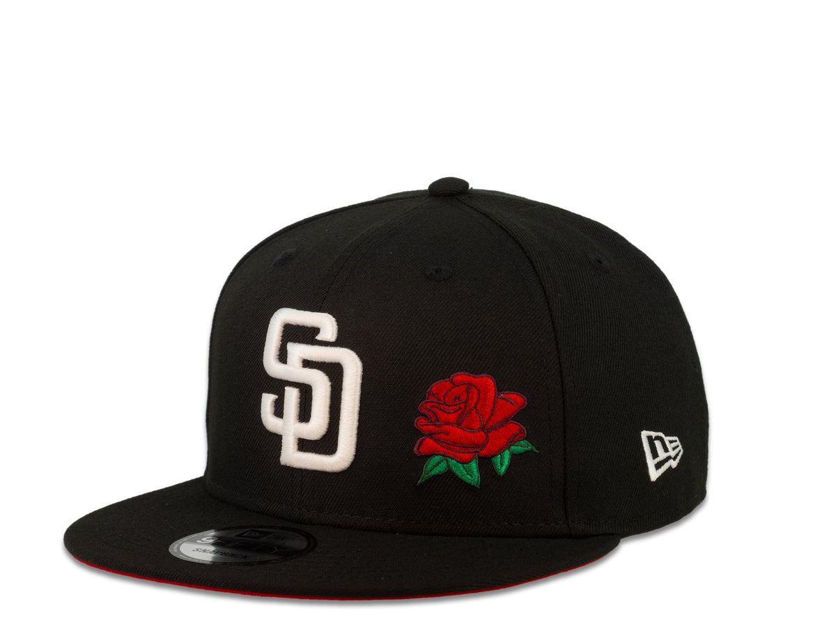 San Diego Padres New Era MLB 9Fifty 950 Snapback Cap Hat Black Crown White Logo with Rose Friar Side Patch Red UV