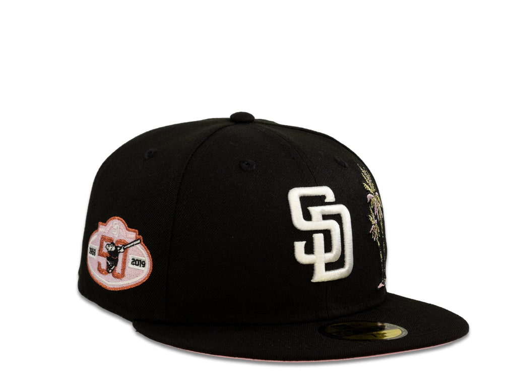 San Diego Padres New Era MLB 59Fifty 5950 Fitted Cap Hat Black Crown White Logo with Palm Tree 50th Anniversary Side Patch Pink UV