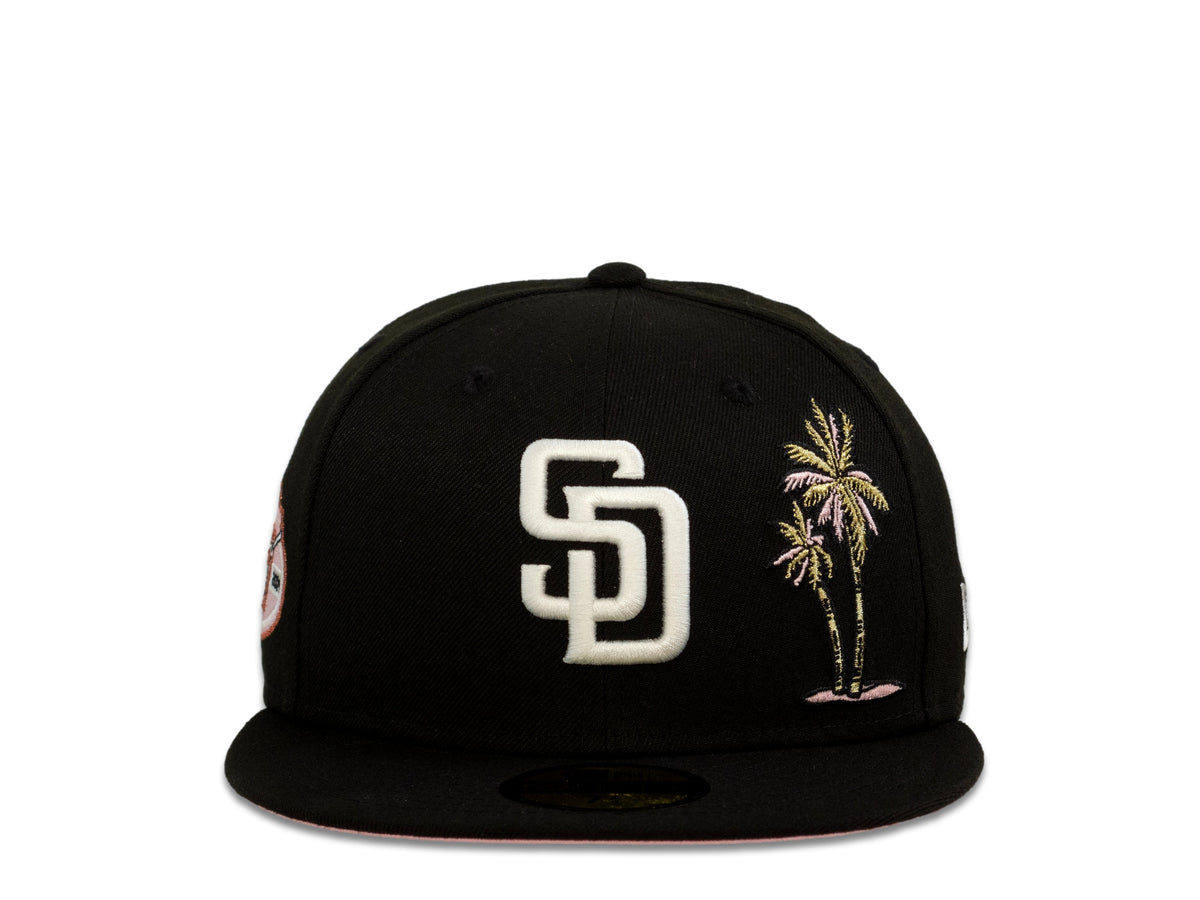 San Diego Padres New Era MLB 59Fifty 5950 Fitted Cap Hat Black Crown White Logo with Palm Tree 50th Anniversary Side Patch Pink UV