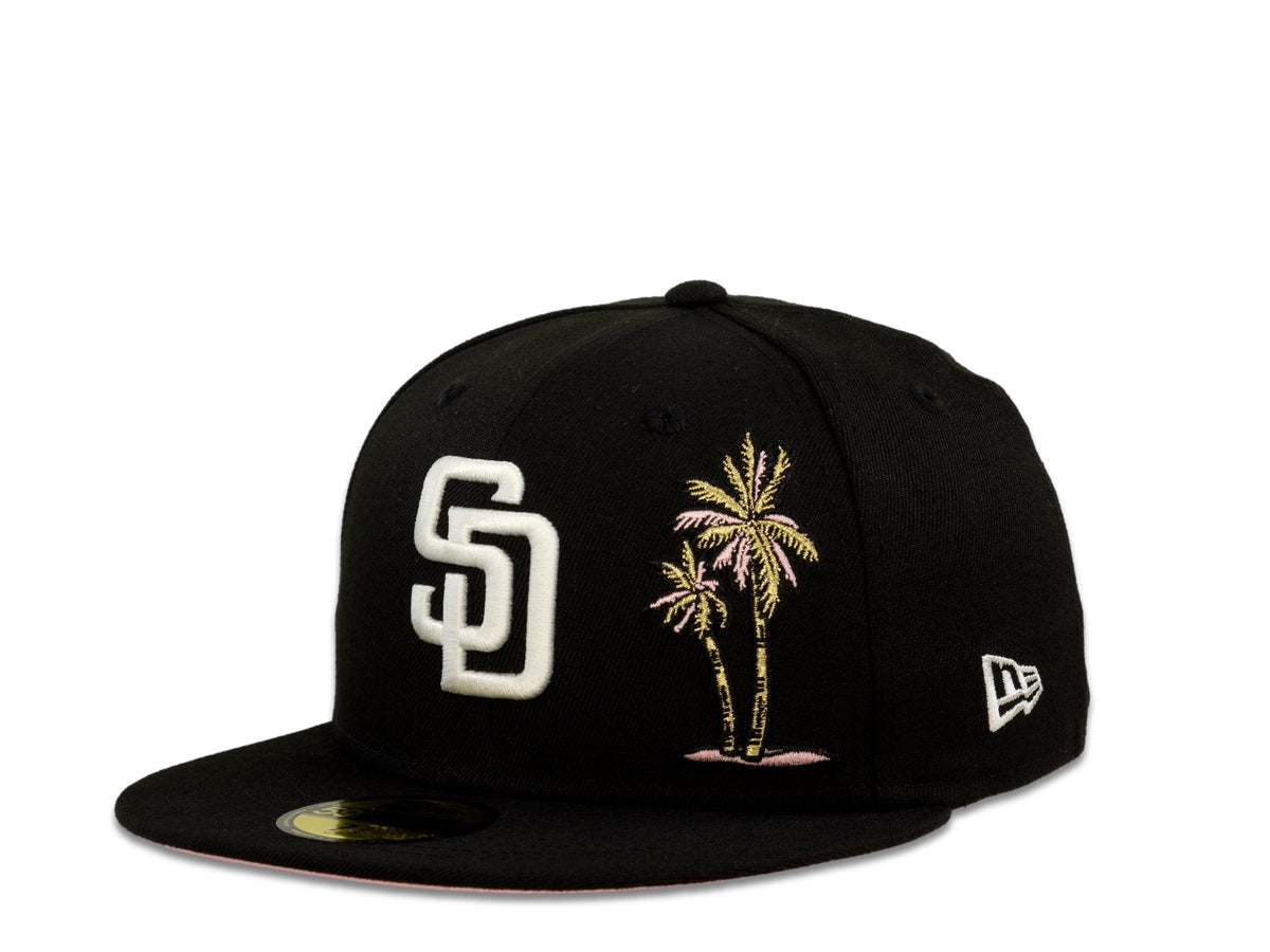 San Diego Padres New Era MLB 59Fifty 5950 Fitted Cap Hat Black Crown White Logo with Palm Tree 50th Anniversary Side Patch Pink UV