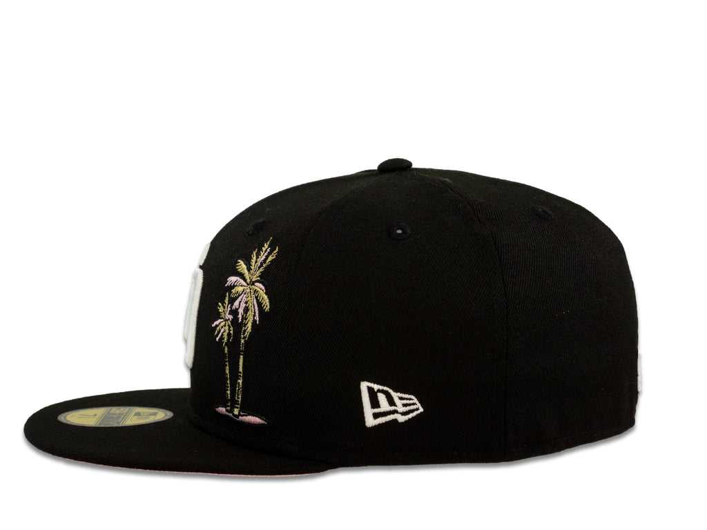 San Diego Padres New Era MLB 59Fifty 5950 Fitted Cap Hat Black Crown White Logo with Palm Tree 50th Anniversary Side Patch Pink UV