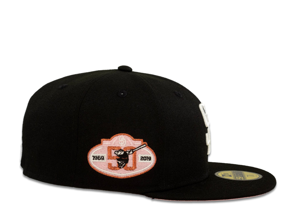 San Diego Padres New Era MLB 59Fifty 5950 Fitted Cap Hat Black Crown White Logo with Palm Tree 50th Anniversary Side Patch Pink UV