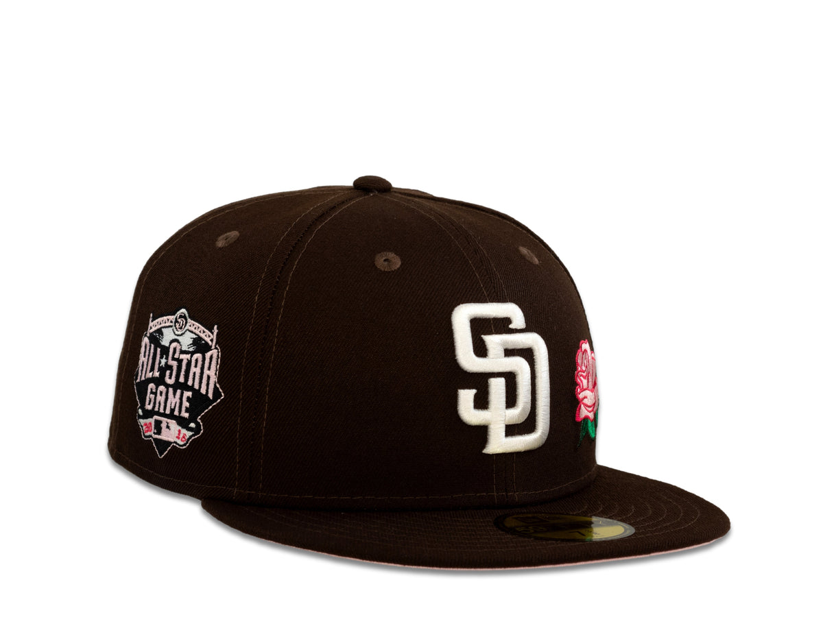 San Diego Padres New Era MLB 59Fifty 5950 Fitted Cap Hat Dark Brown Crown White Logo with Rose 2016 All-Star Game Side Patch Pink UV
