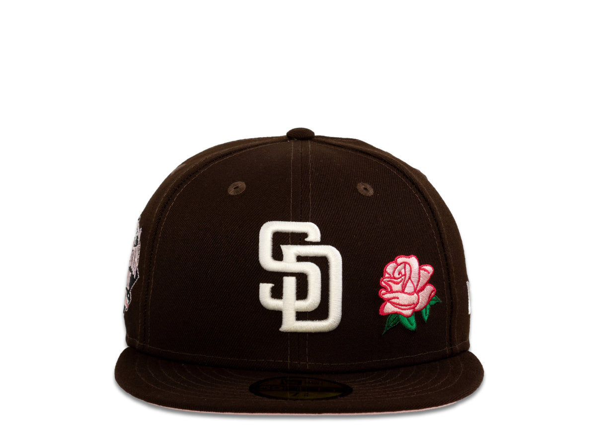 San Diego Padres New Era MLB 59Fifty 5950 Fitted Cap Hat Dark Brown Crown White Logo with Rose 2016 All-Star Game Side Patch Pink UV