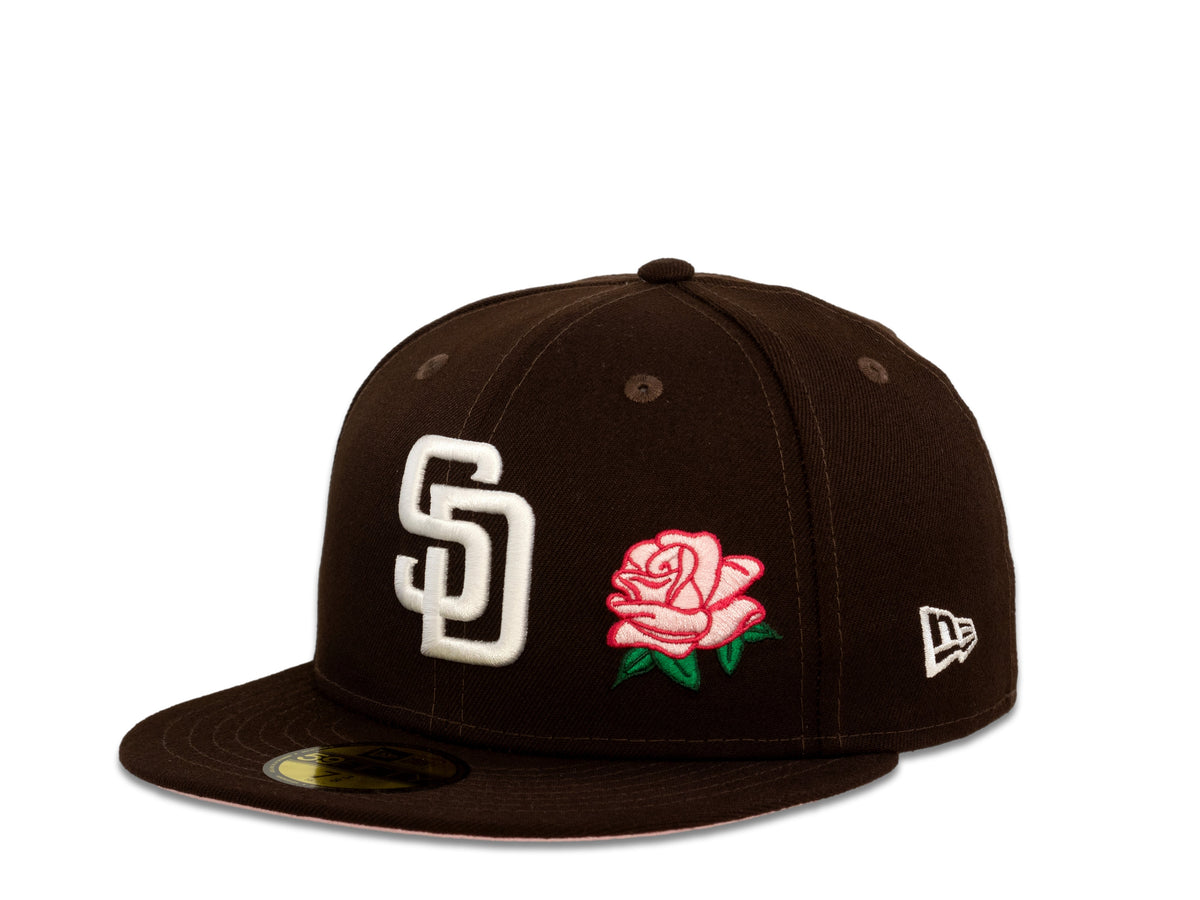 San Diego Padres New Era MLB 59Fifty 5950 Fitted Cap Hat Dark Brown Crown White Logo with Rose 2016 All-Star Game Side Patch Pink UV