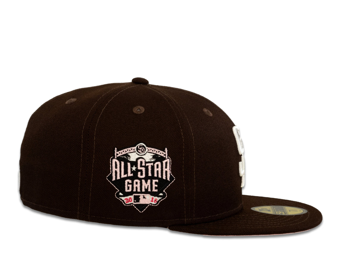 San Diego Padres New Era MLB 59Fifty 5950 Fitted Cap Hat Dark Brown Crown White Logo with Rose 2016 All-Star Game Side Patch Pink UV