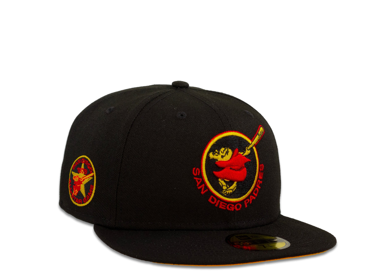 San Diego Padres New Era MLB 59Fifty 5950 Fitted Cap Hat Black Crown Red/Yellow Friar Logo 1978 All-Star Game Side Patch Yellow UV