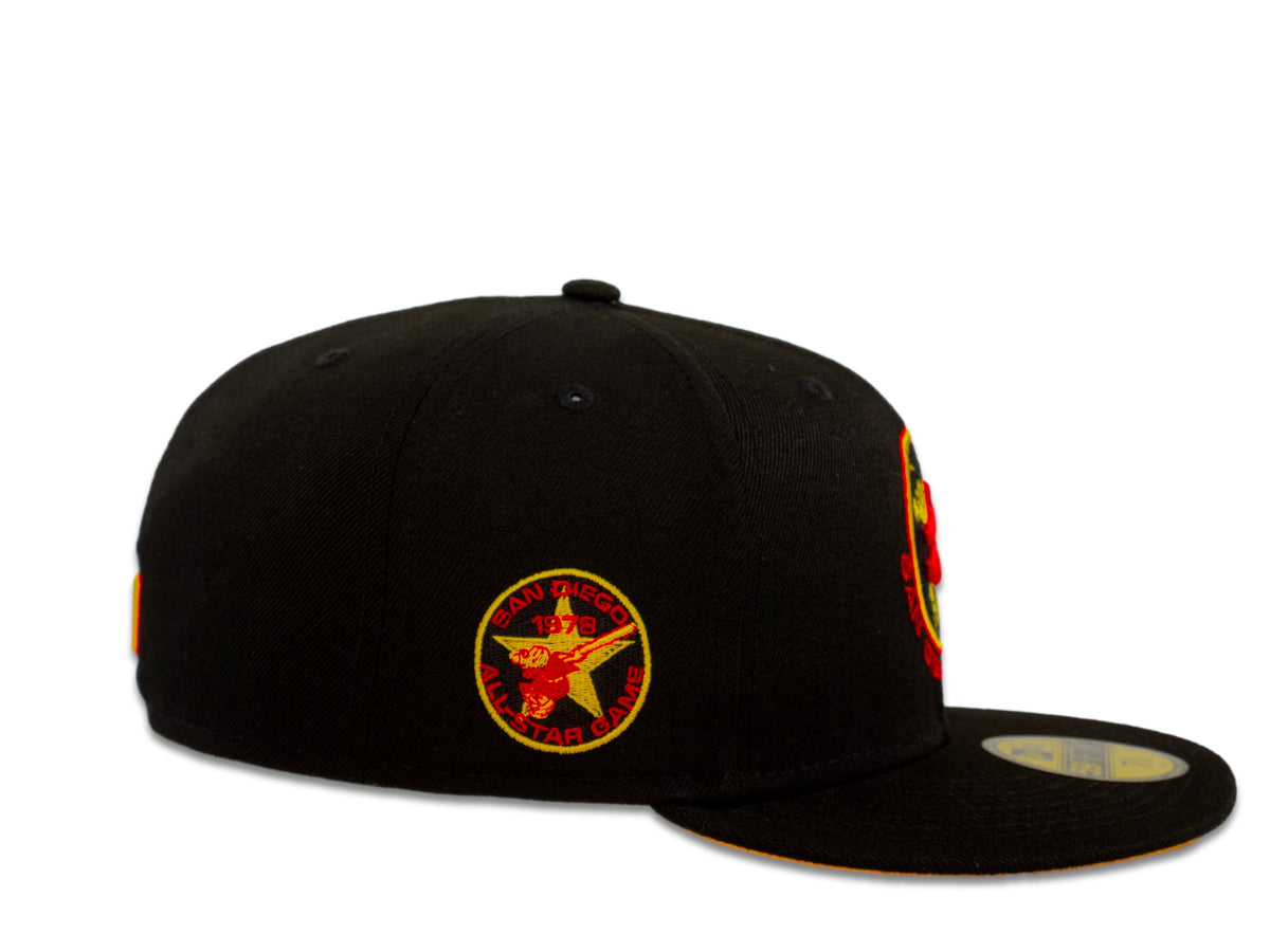 San Diego Padres New Era MLB 59Fifty 5950 Fitted Cap Hat Black Crown Red/Yellow Friar Logo 1978 All-Star Game Side Patch Yellow UV