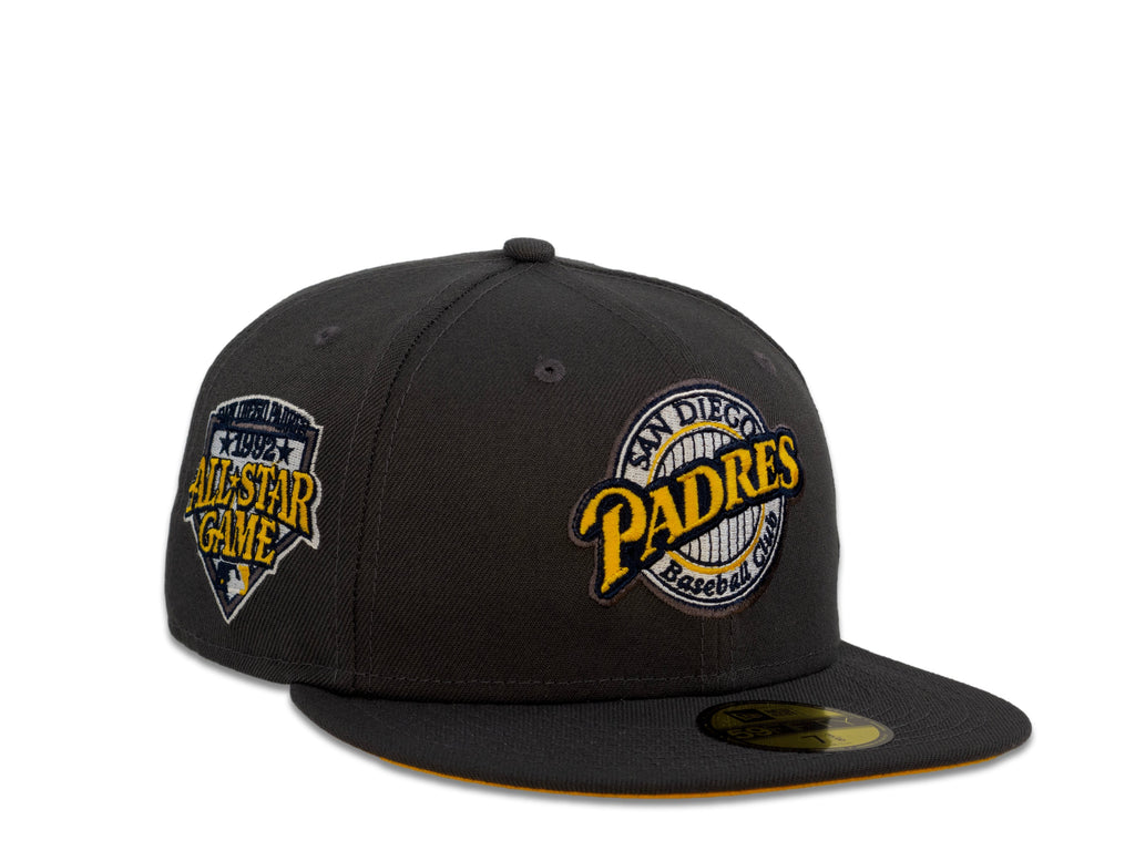San Diego Padres New Era MLB 59Fifty 5950 Fitted Cap Hat Dark Gray Crown Yellow/White Logo Baseball Club Retro Logo 1992 All-Star Game Side Patch