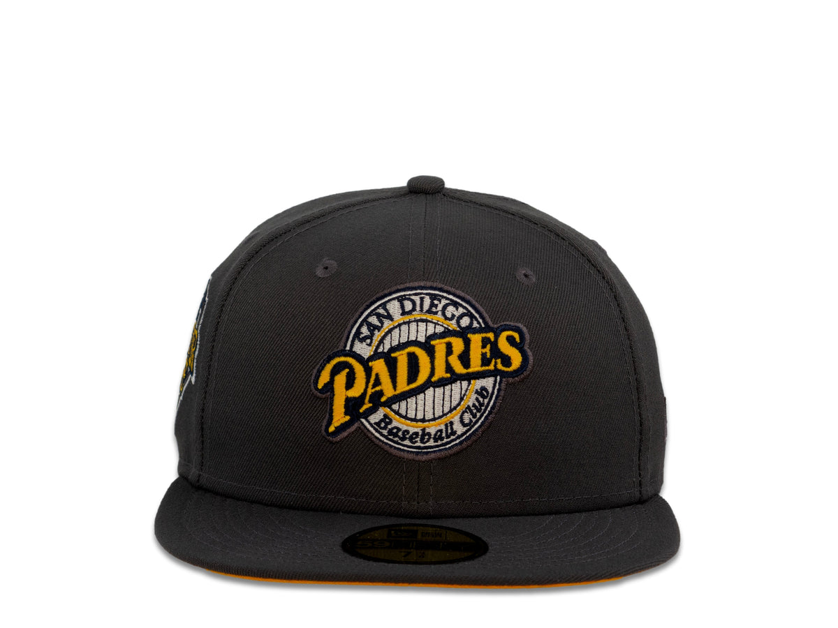 San Diego Padres New Era MLB 59Fifty 5950 Fitted Cap Hat Dark Gray Crown Yellow/White Logo Baseball Club Retro Logo 1992 All-Star Game Side Patch